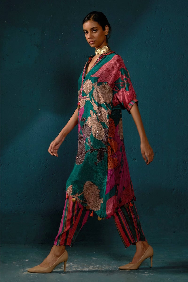 Bottle Green Printed Chiffon Kurta Set with Striped Pants