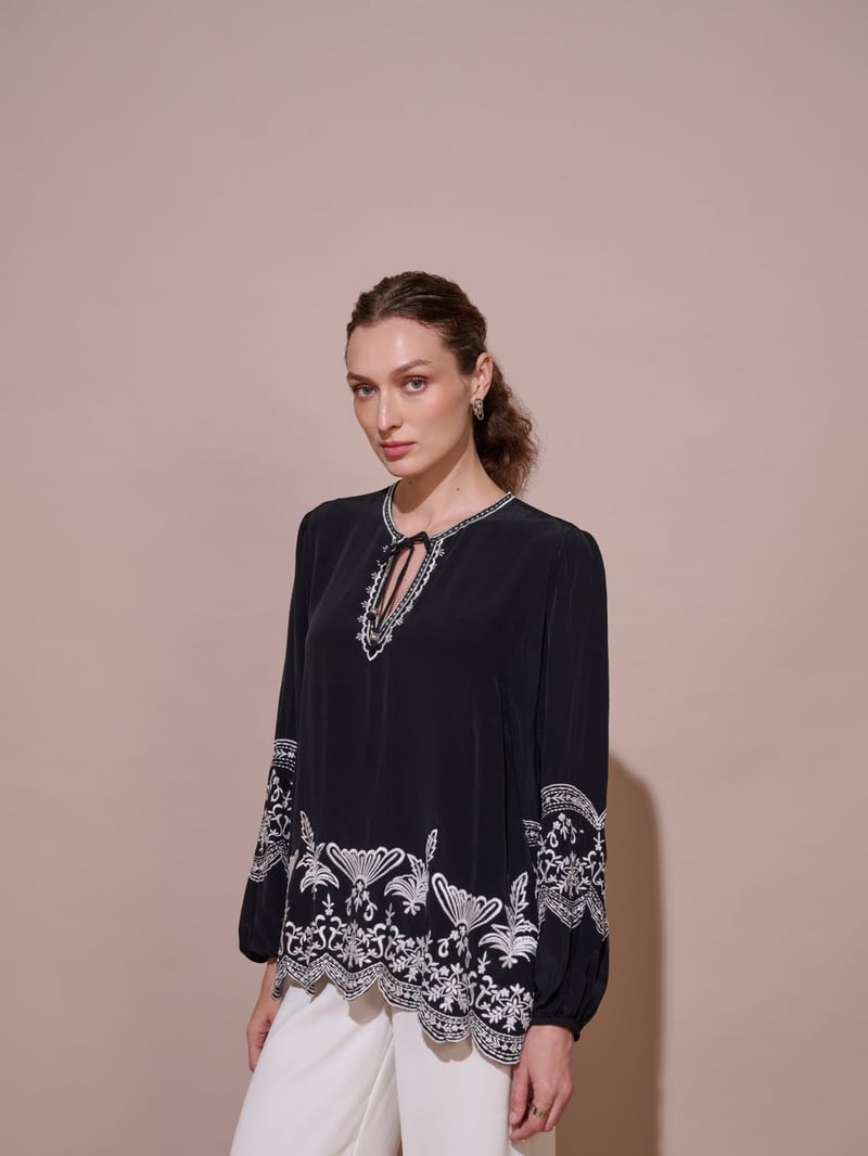 Black Embroidered Tie-Up Neck Flowy Top