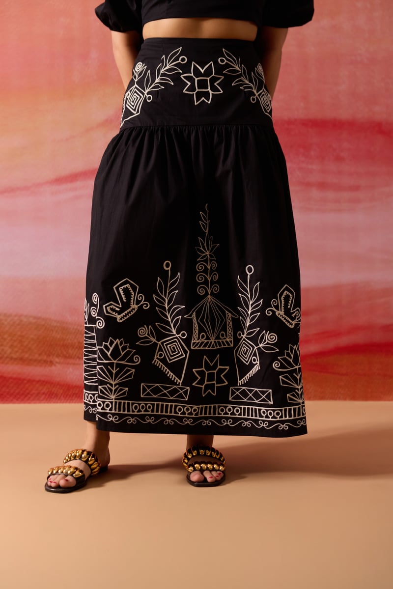 Black Embroidered Cropped Blouse and Midi Skirt Co-ord Set