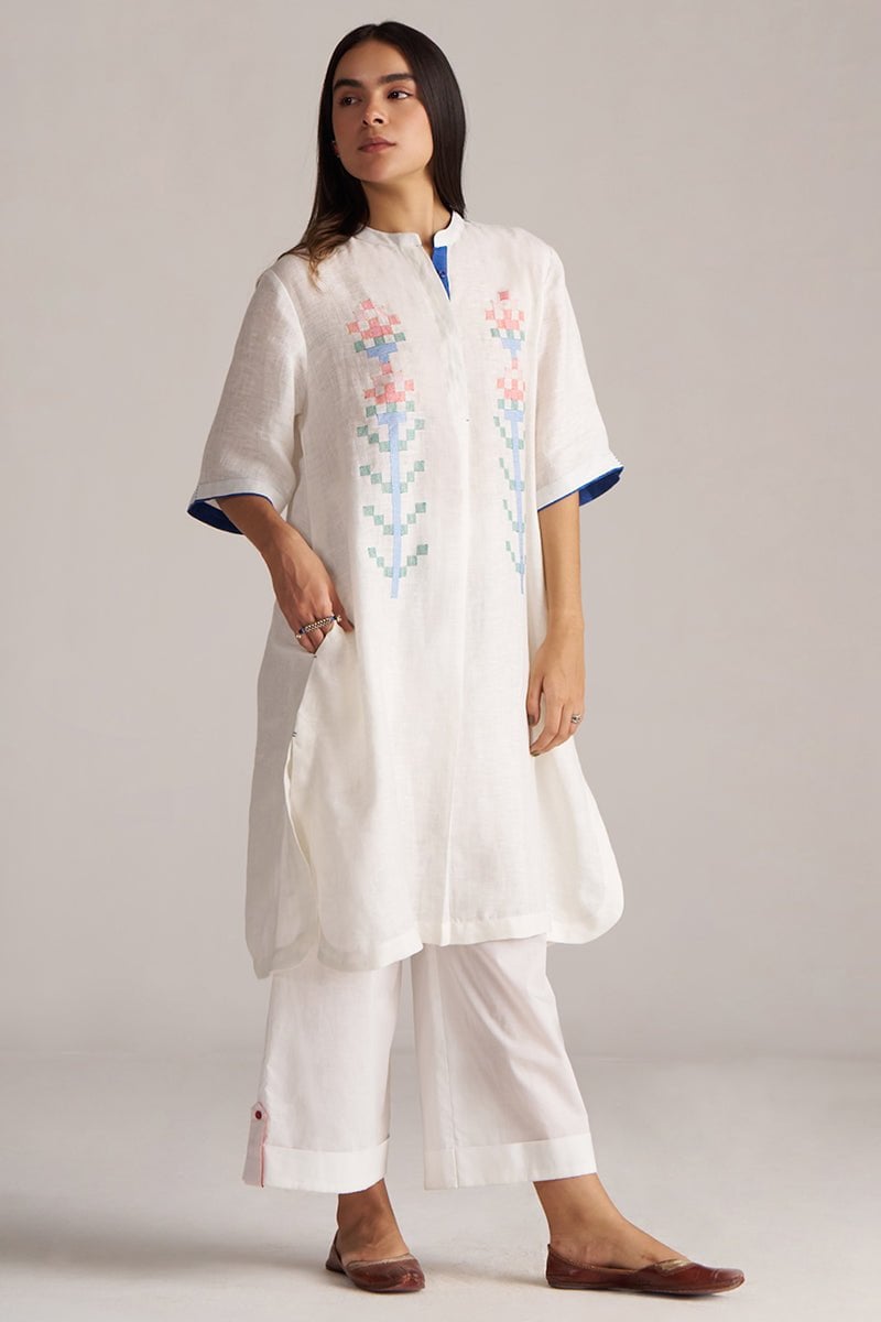 White Linen Embroidered Kurta and Pants Co-ord Set