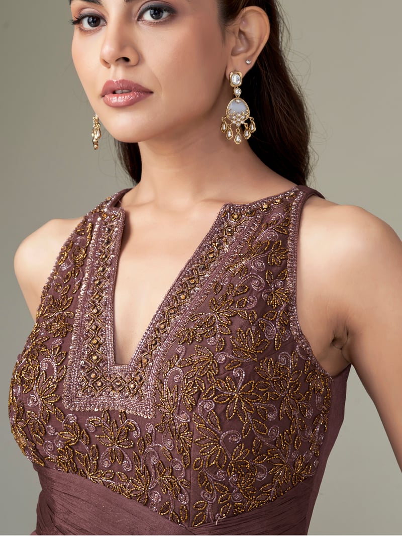 Dusty Rose Chiffon Halter-Neck Embroidered Maxi Gown