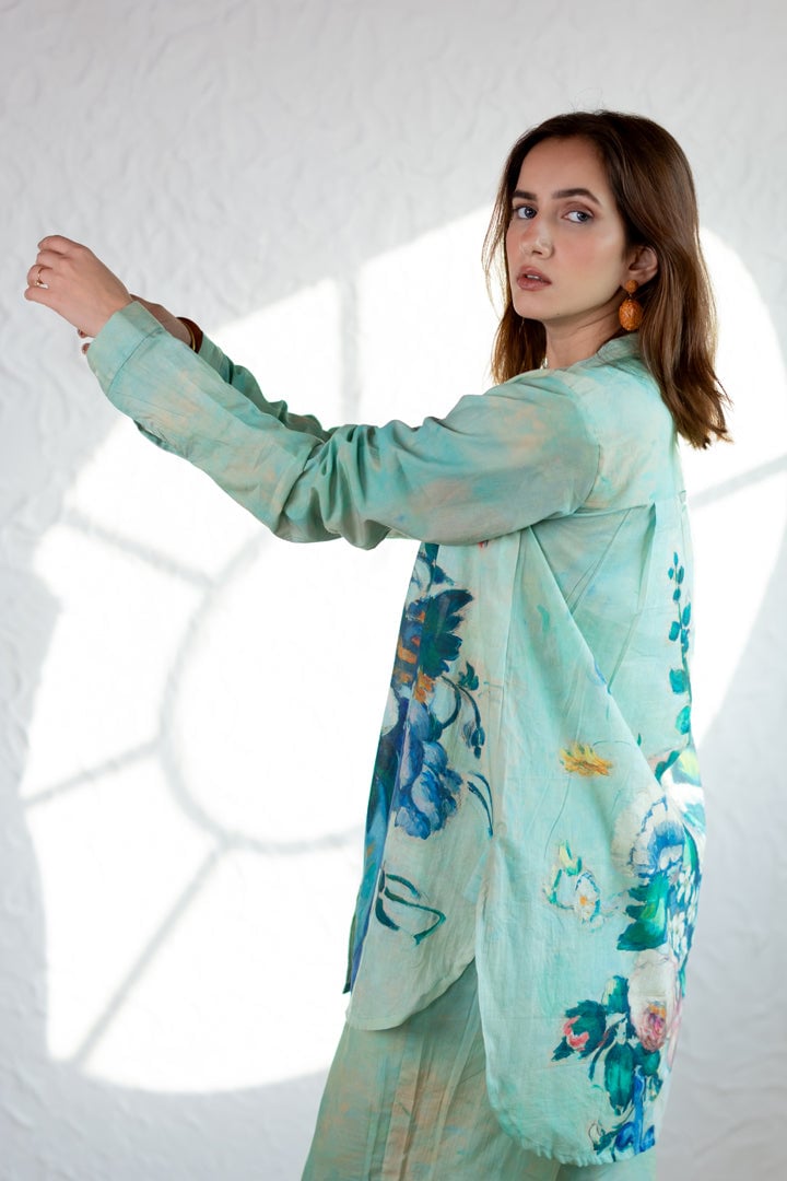 Aqua Green Printed Shirt and Pant Co-ord Set