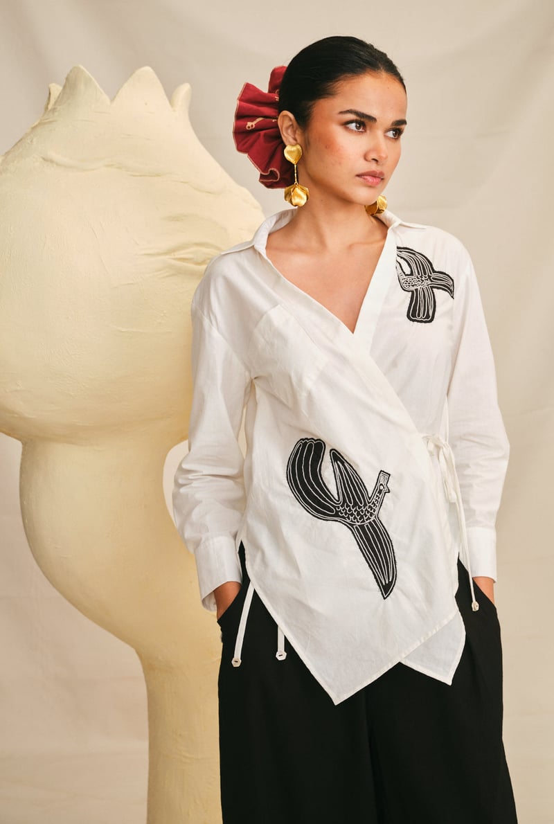 Off-White Cotton Poplin Wrap Shirt with Black Applique