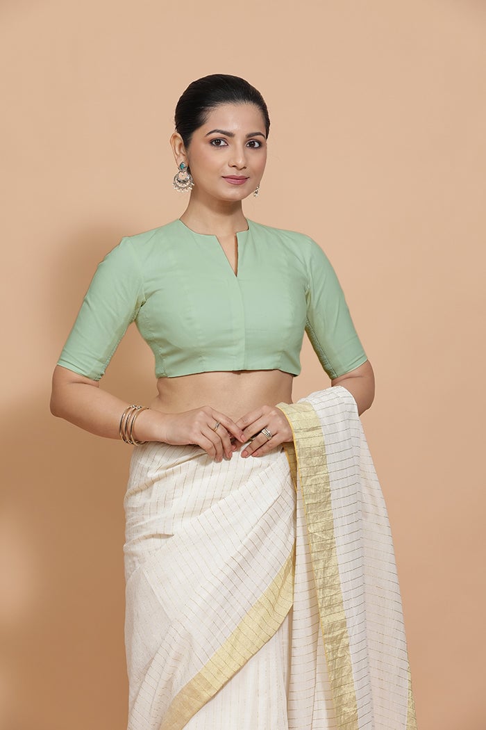 Light Sage Cotton Saree Blouse with Elbow Sleeves
