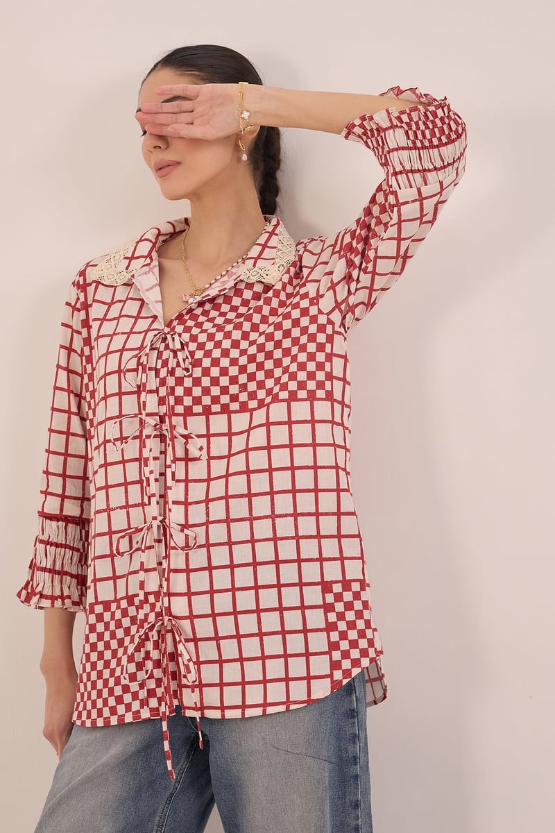 Red and White Patchwork Check Tie-Up Shirt Tunic