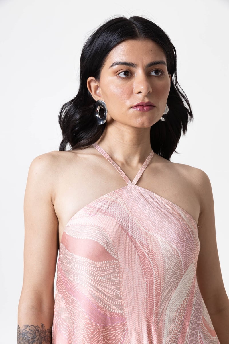 Pink Peach Abstract Printed Halter Maxi Dress