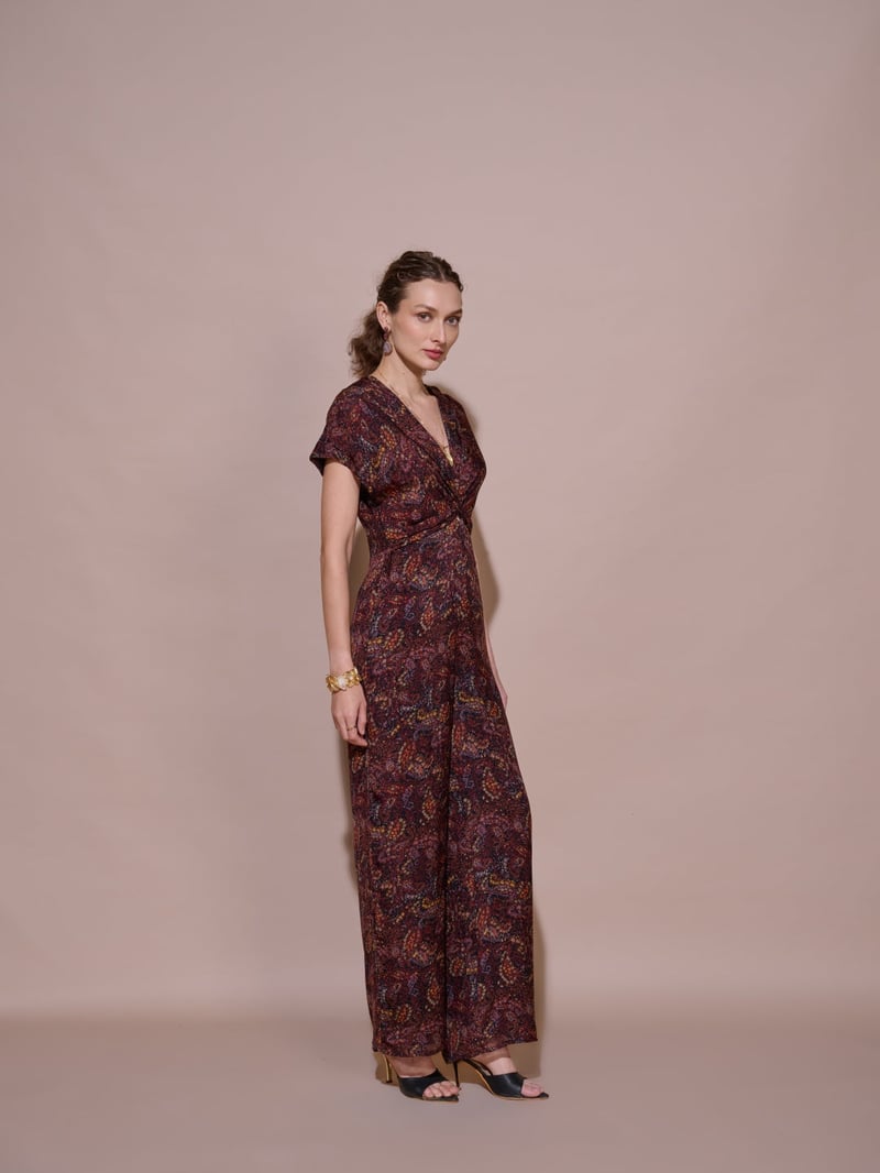 Wine Printed V-Neck Wide-Leg Jumpsuit with Knot Waist