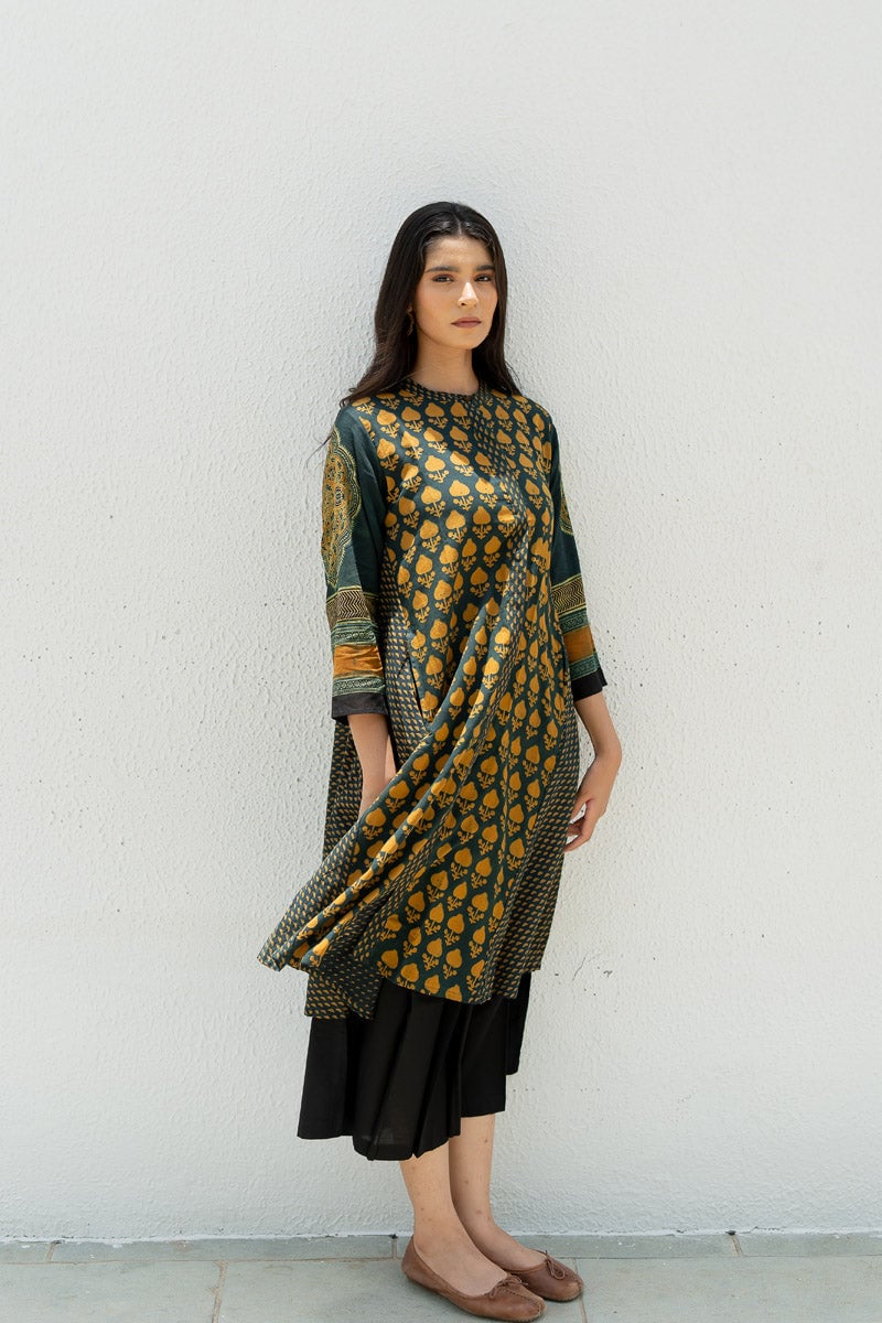 Forest Green A-Line Cotton Block Print Kurta