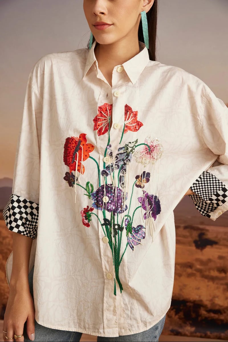 Beige Cotton Poplin Floral Embellished Longline Shirt