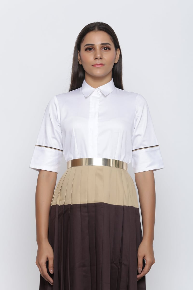 Colorblock Pleated Midi Shirt Dress