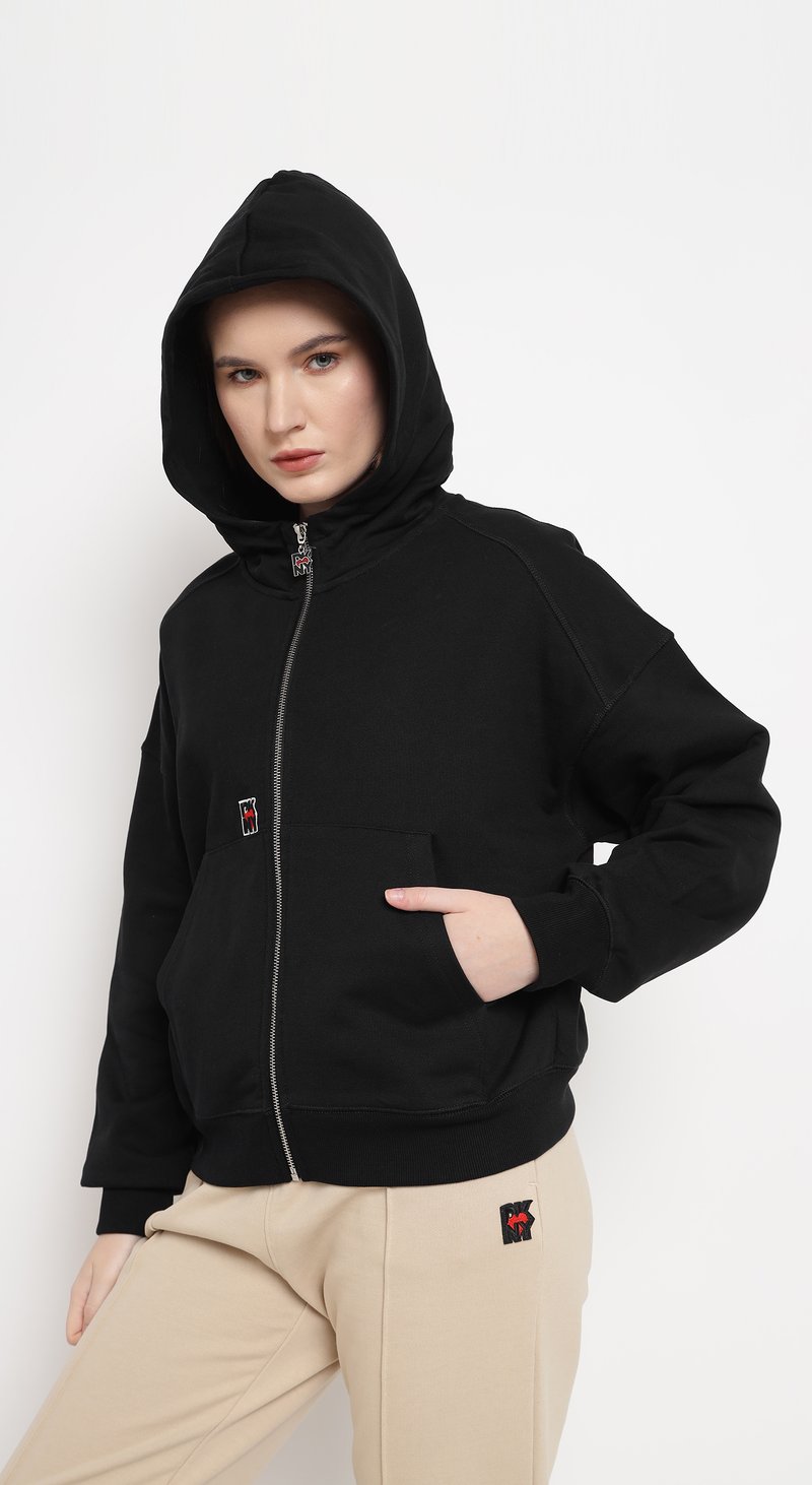Black Zip-Up Cotton Terry Hoodie