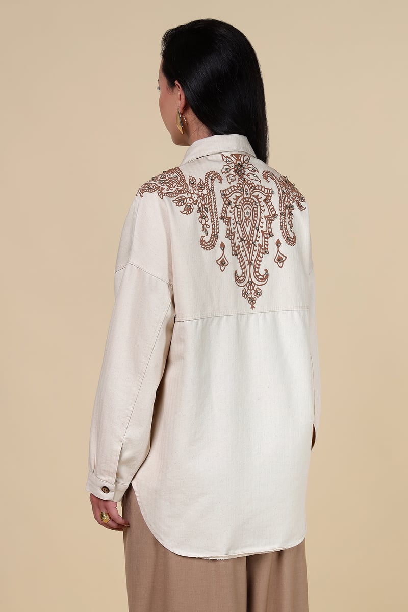 Beige Relaxed-Fit Button-Down Shirt with Back Motif