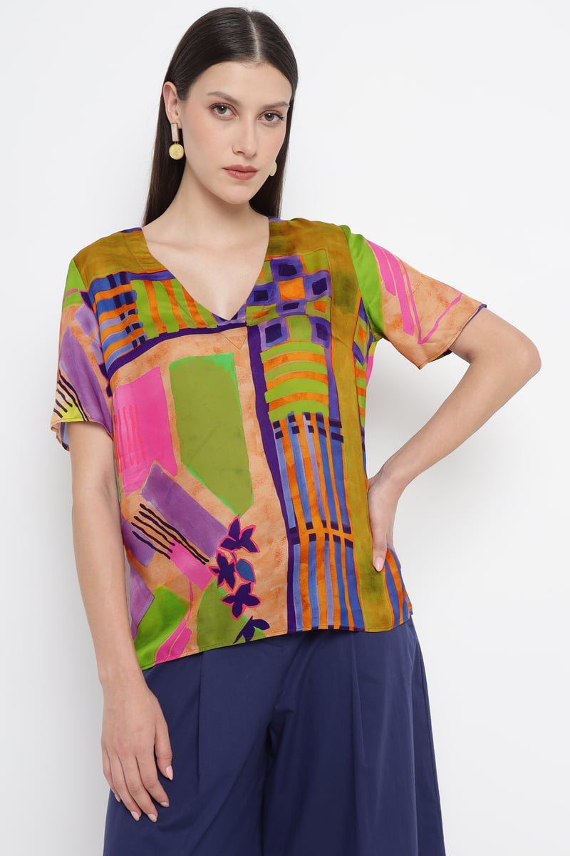 Multicolor Abstract Printed V-Neck Viscose Top