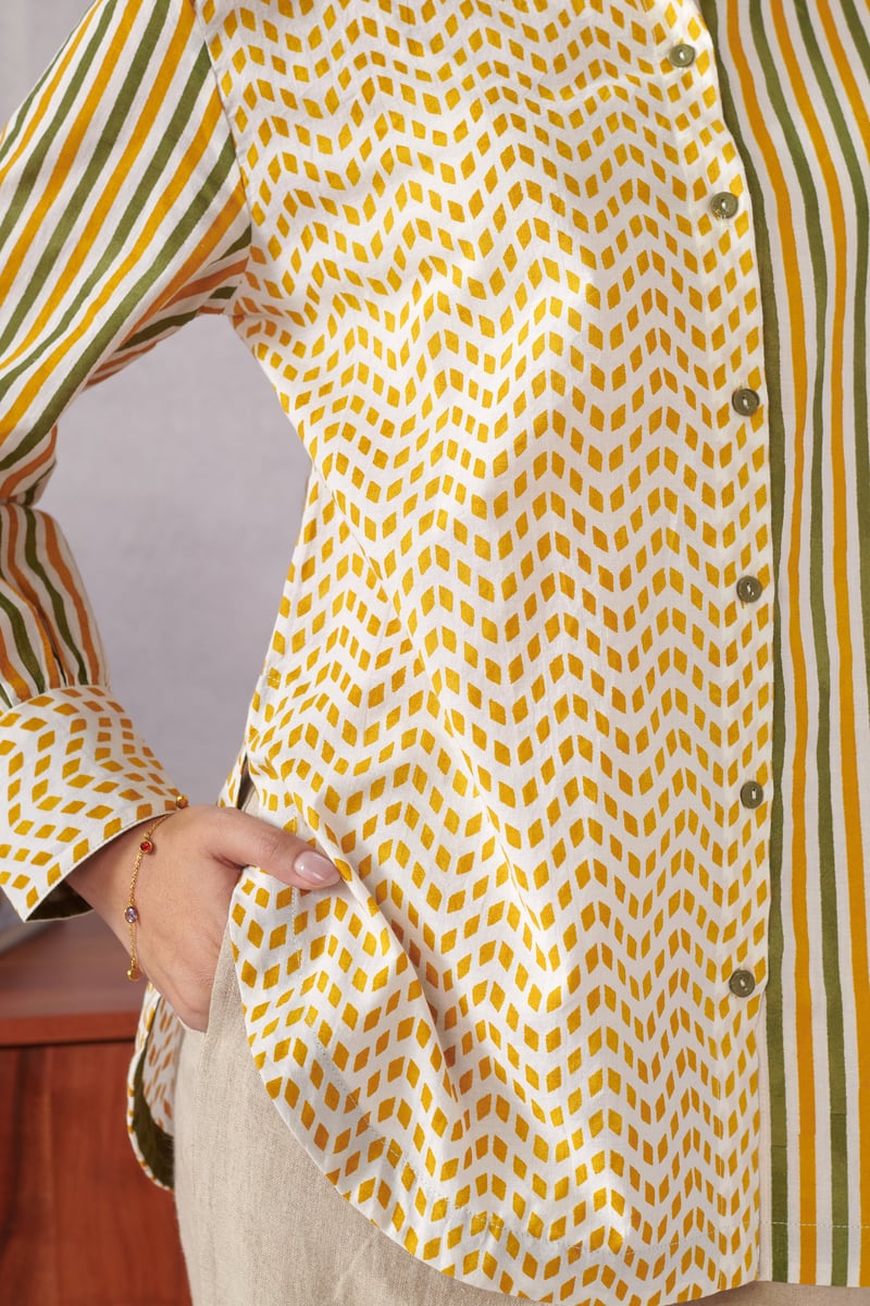 Multicolor Cotton Striped and Geometric Mandarin Collar Shirt