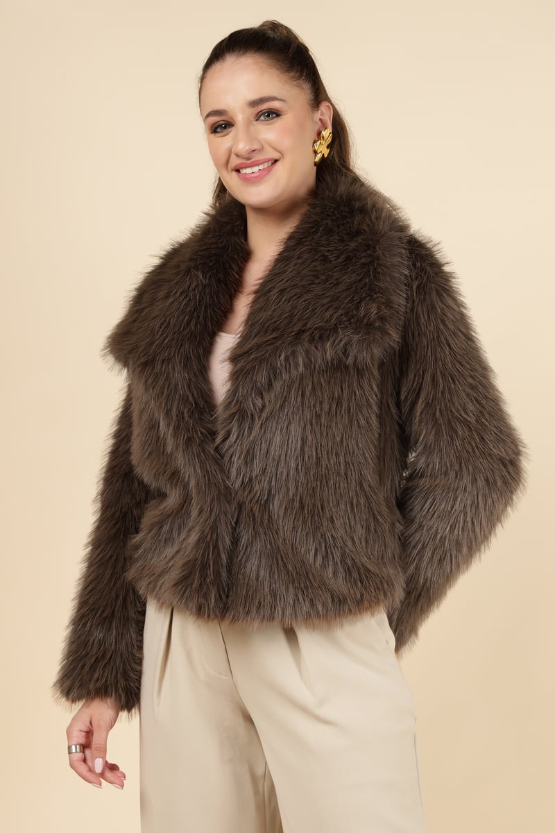 Brown Cropped Faux-Fur Jacket with Lapel Collar