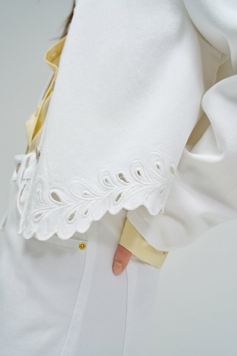 White Cropped Button-Front Jacket with Cutwork Hem