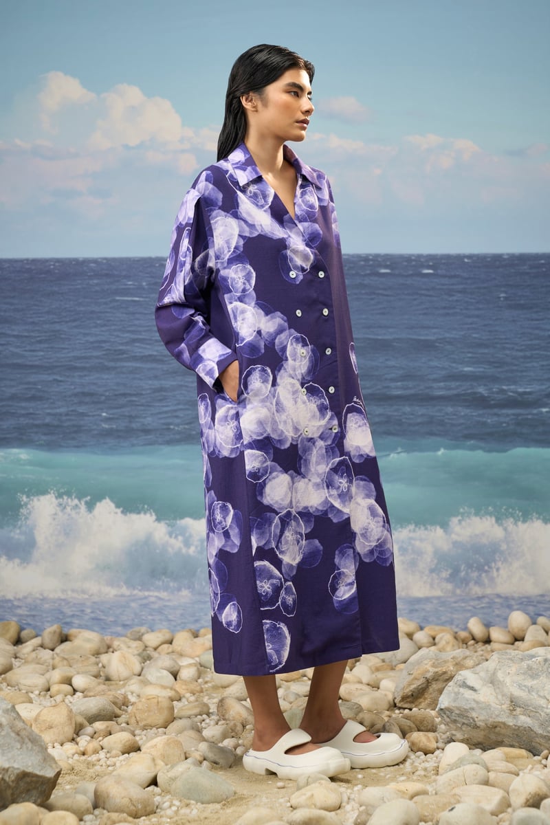 Purple/Navy Abstract Print Cotton Poplin Shirt Dress