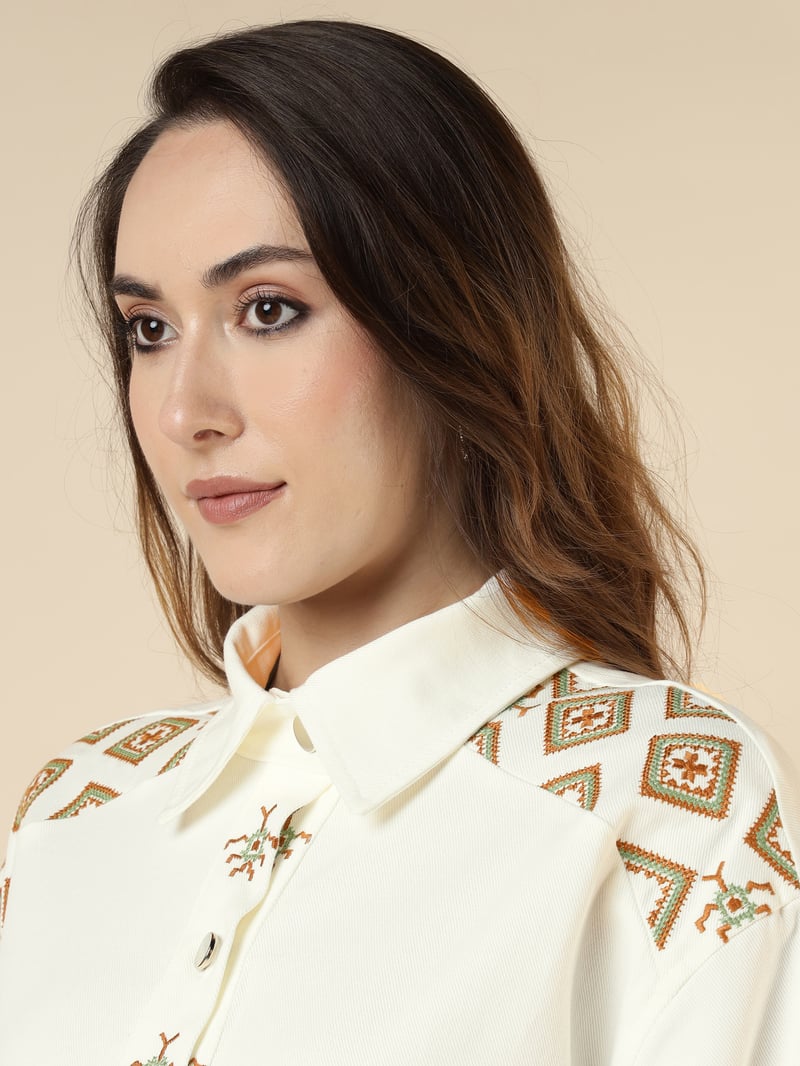 Ecru Cotton Twill Embroidered Button-Down Shirt