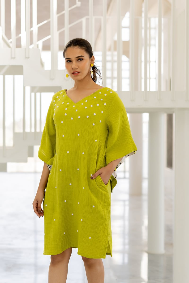 Green Straight Knee-Length Dress with Applique Dots