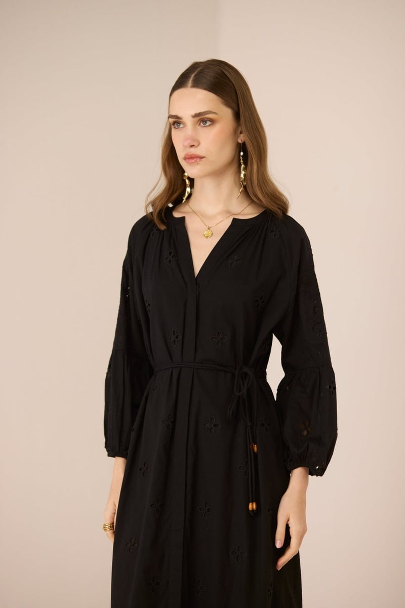 Black Cotton Broderie Maxi Dress with V-Neck and Waist Tie
