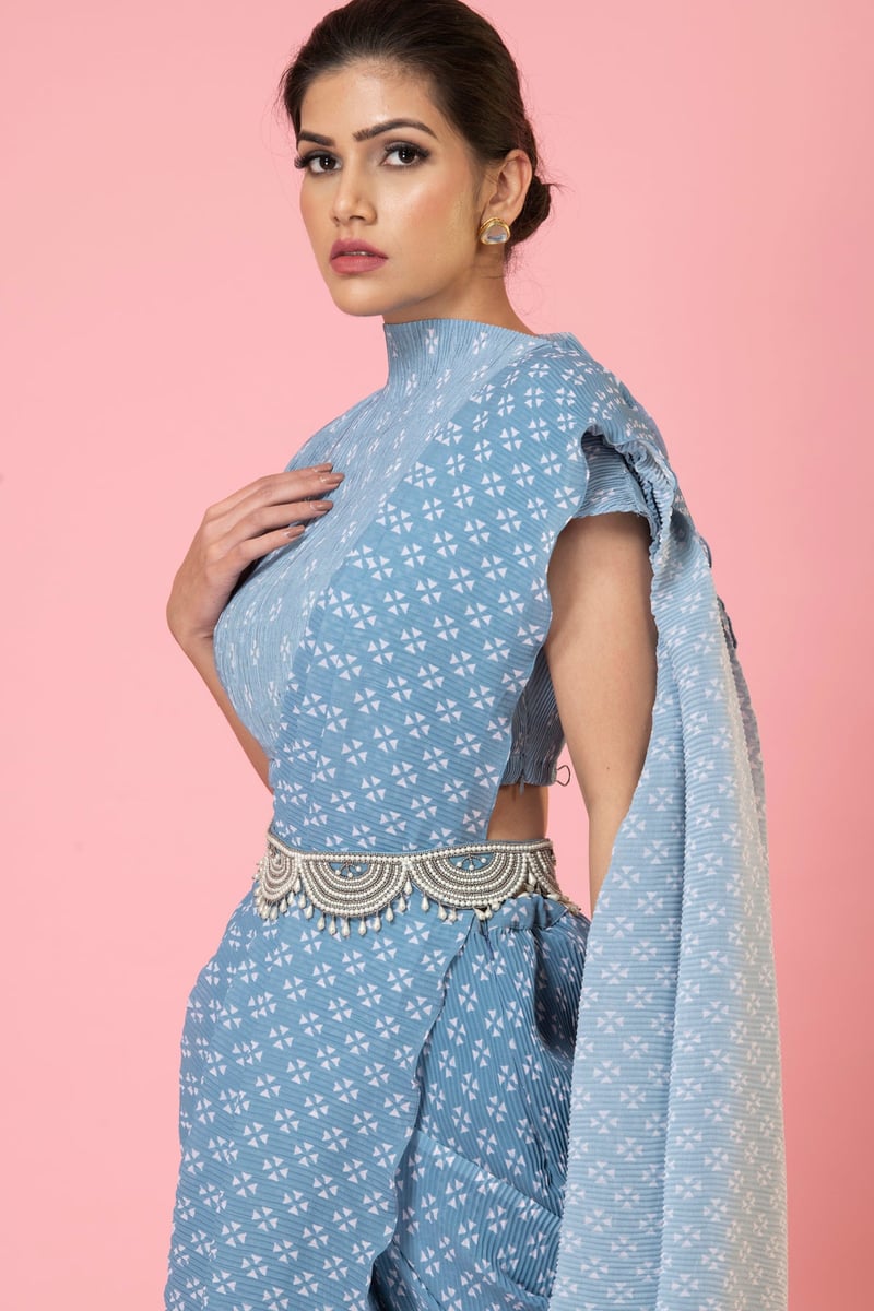 Blue Geometric Print Pre-Draped Georgette Saree Set