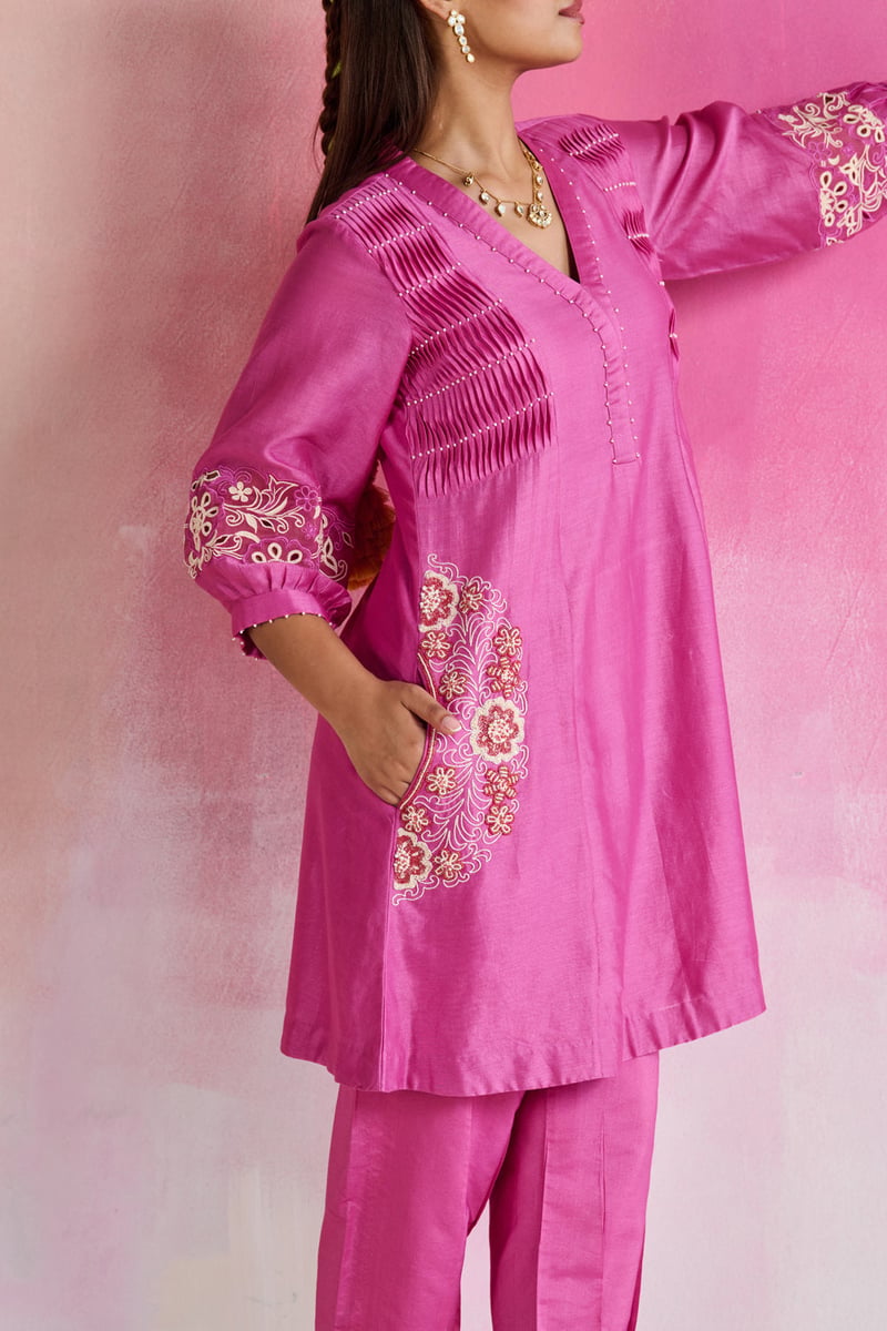 Pink Chanderi Embellished A-Line Kurta Set