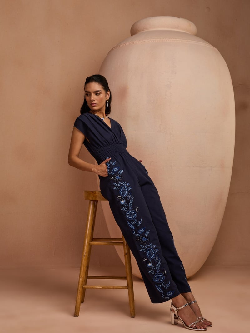 Blue V-Neck Smocked Waist Embroidered Jumpsuit