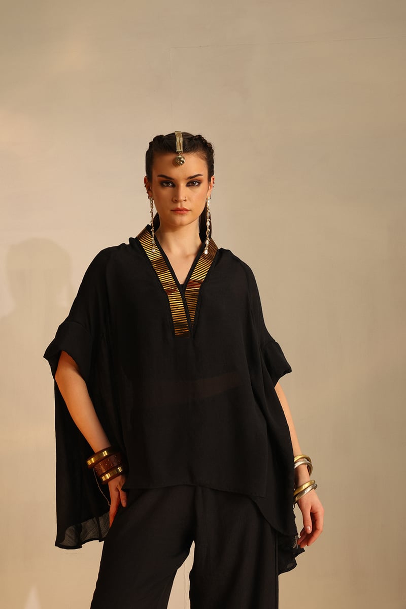 Black Poncho and Palazzo Co-ord Set with Foil Lace Trim