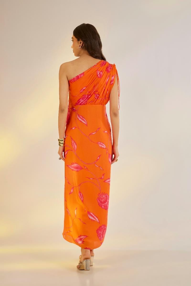 Orange One-Shoulder Printed Satin Georgette Maxi Dress