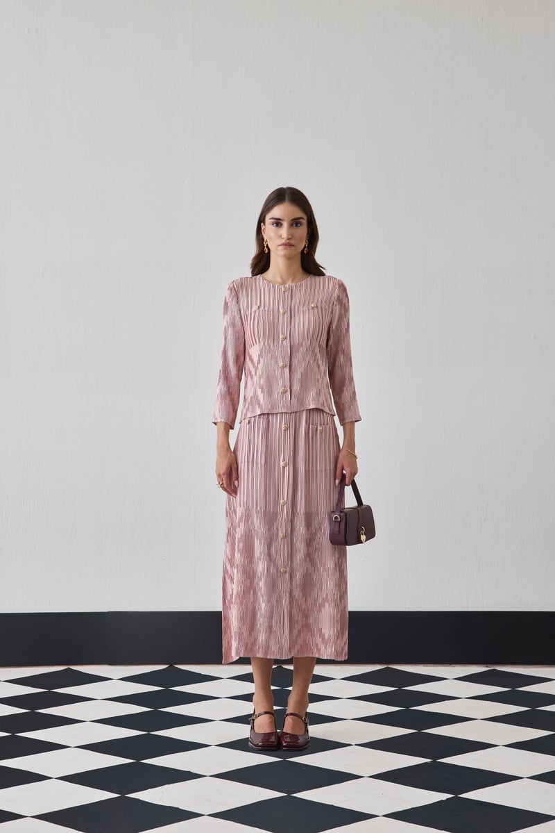 Nude Pink Pleated Printed Top and Midi Skirt Co-ord Set