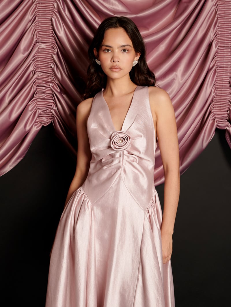 Pale Pink Taffeta Fit and Flare Midi Dress with Rosette