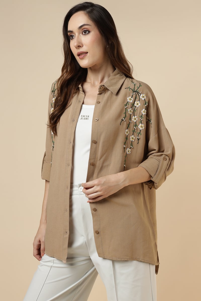 Brown Longline Embroidered Button-Down Shirt