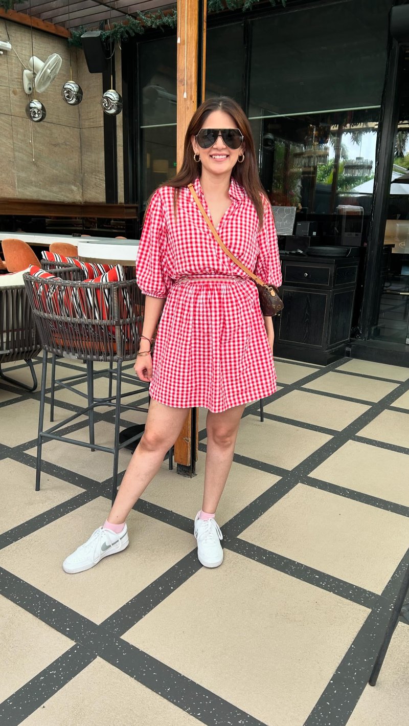 Red Gingham Mini Shirt Dress with Tie Waist