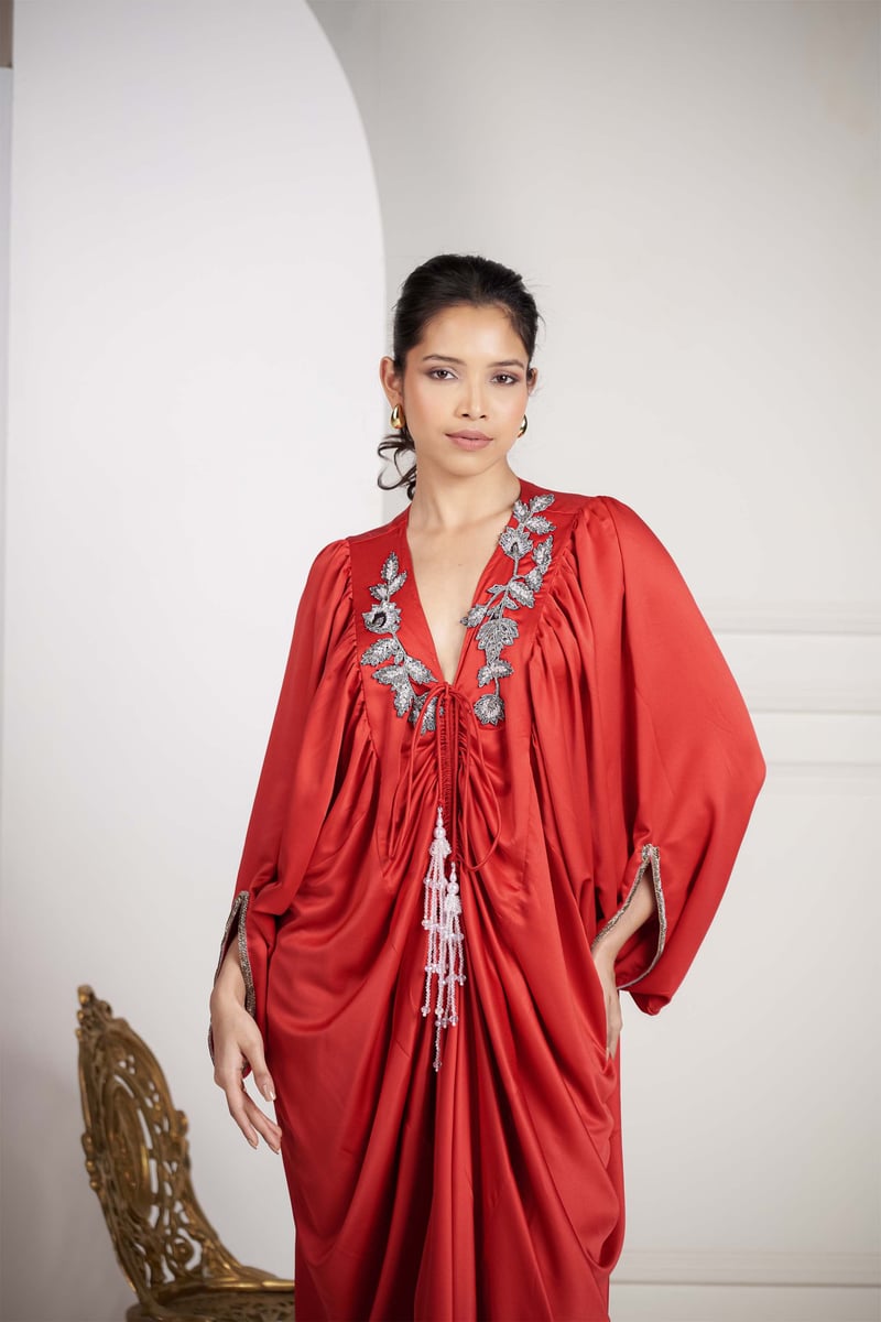 Red Crepe Satin V-Neck Kaftan with Embroidered Neckline