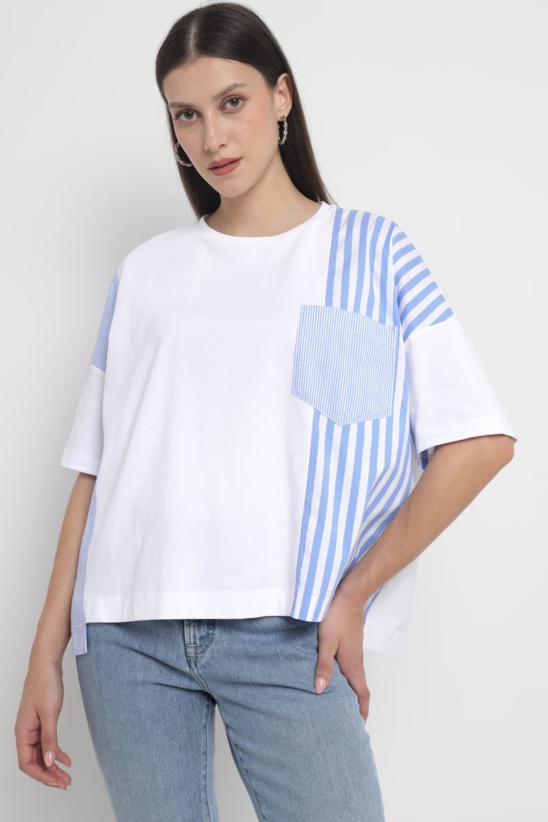 White/Light Blue Colorblock Oversized Stripe Panel Tee