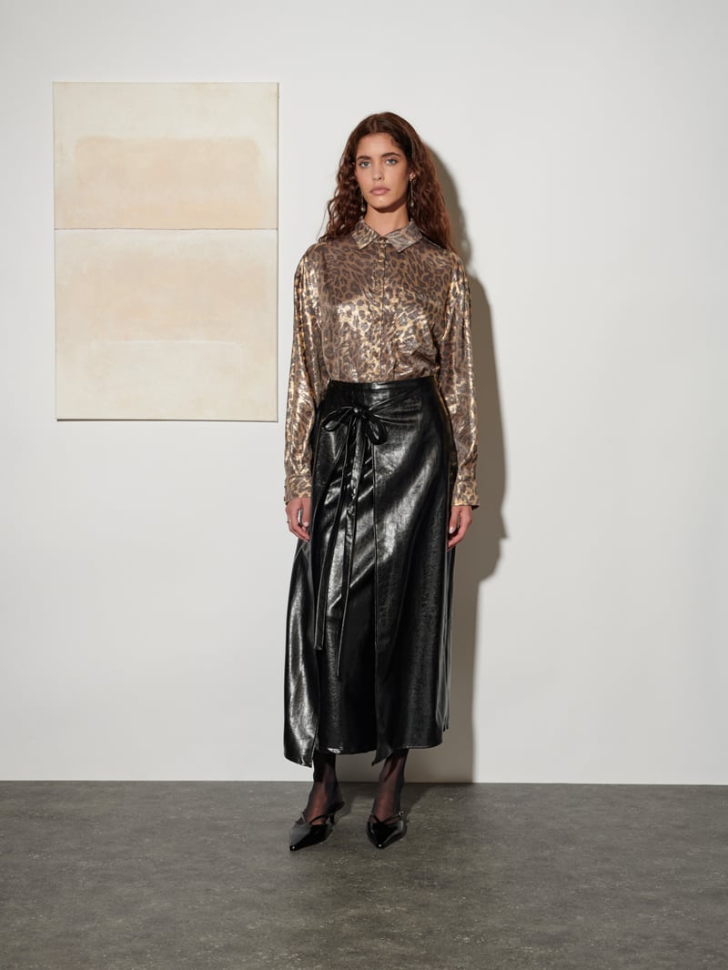 Coal Black Faux Leather Wrap-Tie Midi Skirt