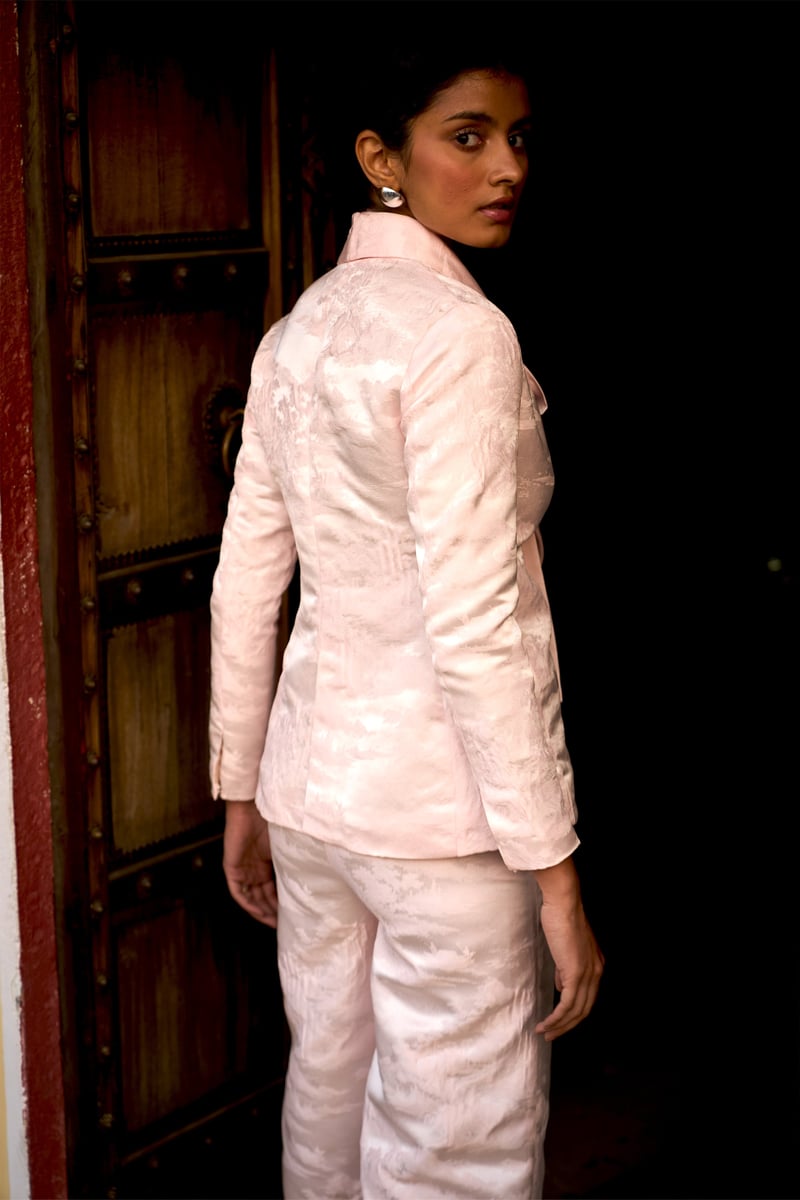 Powder Pink Brocade Tailored Blazer with Statement Button