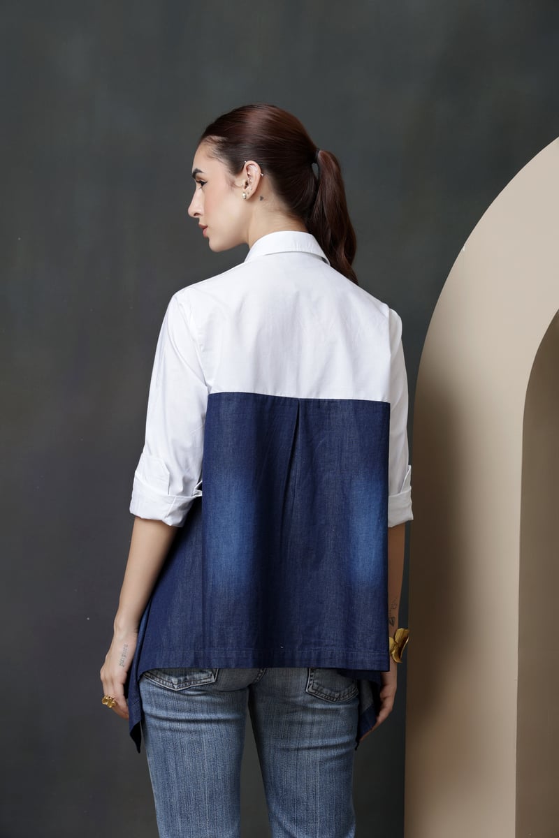 White and Dark Denim Colorblock Lace Panel Shirt