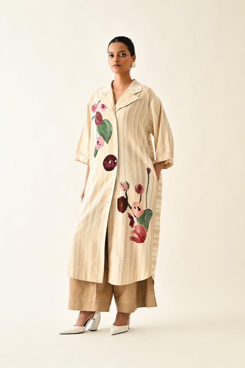 Off White Abstract Print Belted Midi Trench Shirt Dress