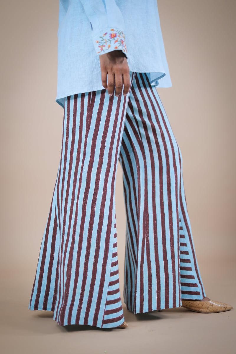 Blue and Brown Striped Flared Linen Trousers