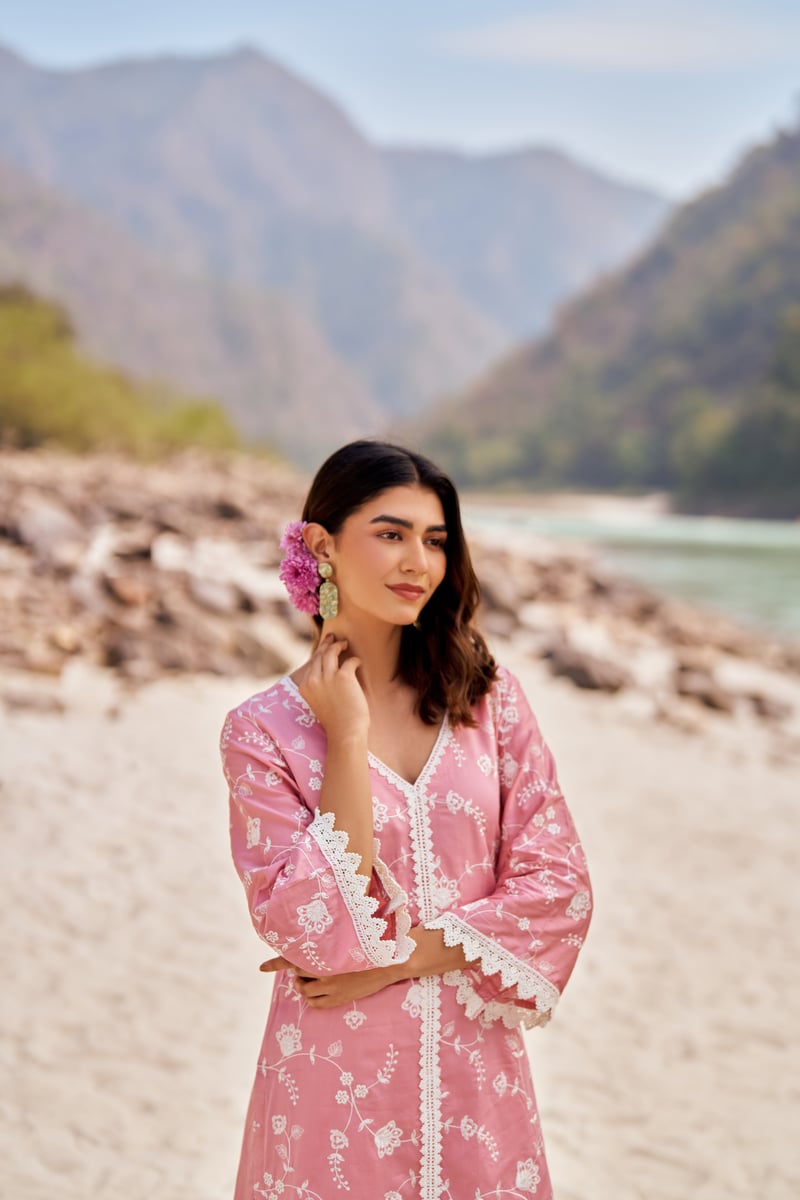 Pink Cotton Embroidered Kurta Set with Lace Trim
