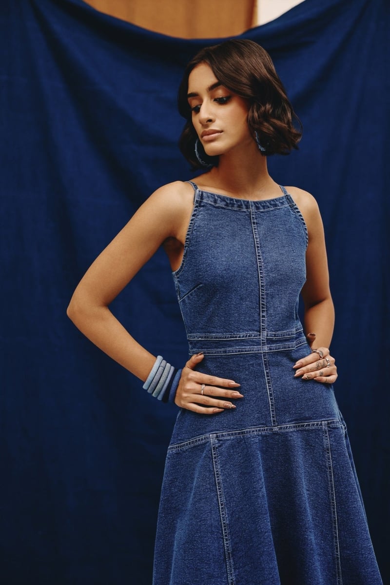 Mid Blue Denim Halter Neck Fit and Flare Midi Dress
