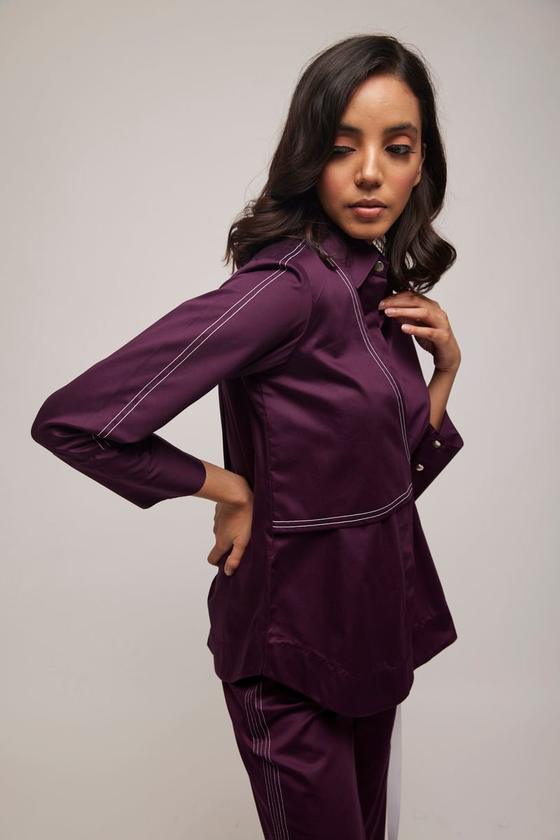 Purple Cotton Satin Shirt and Wide-Leg Pants Co-ord Set