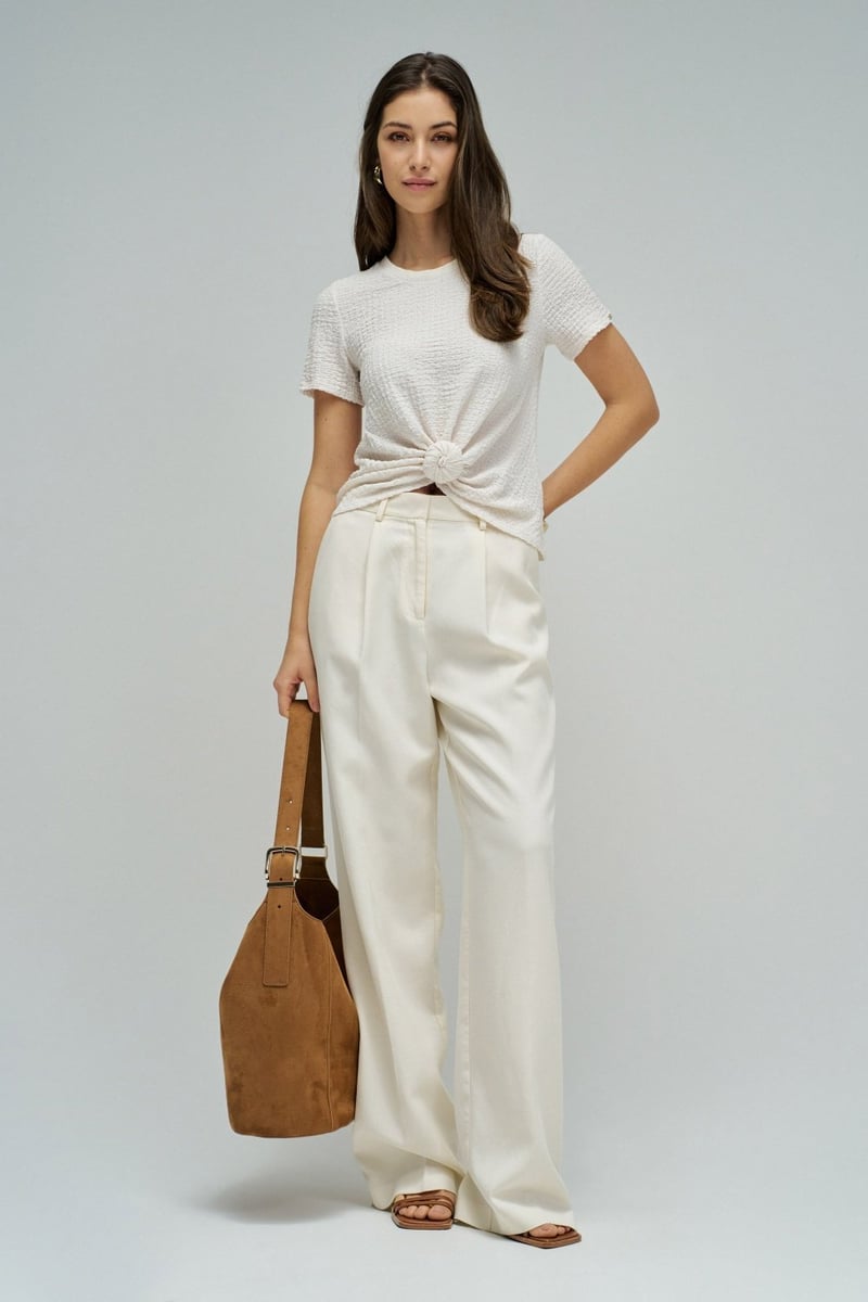 White Textured Knot-Front Round Neck T-Shirt