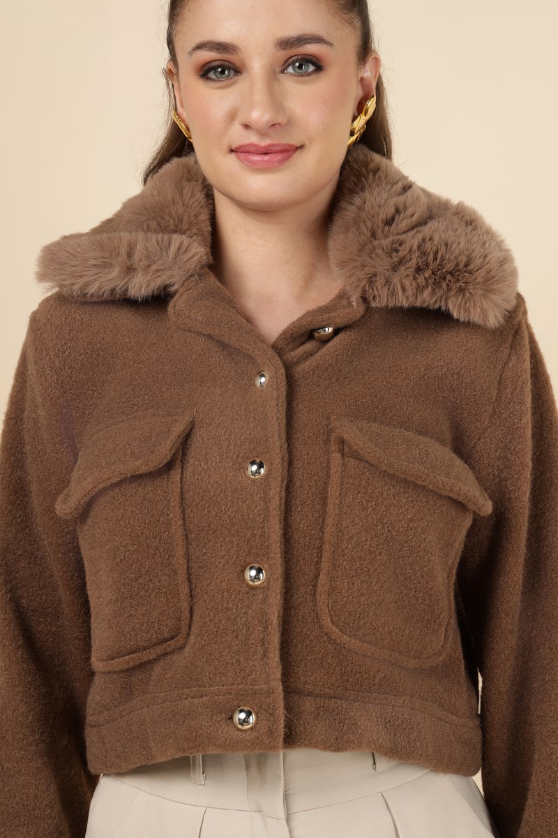 Taba Brown Cropped Jacket with Faux-Fur Collar