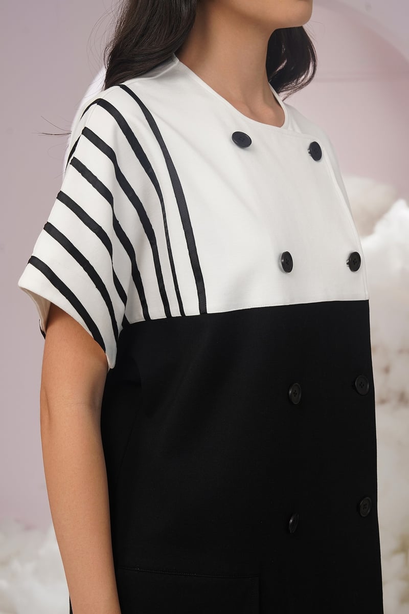 Black/White Colorblock Button-Front Mini Shift Dress