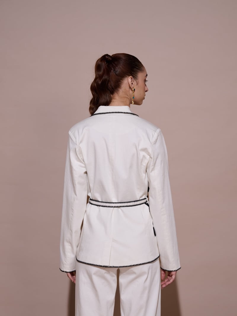 White Belted Embroidered Tailored Blazer