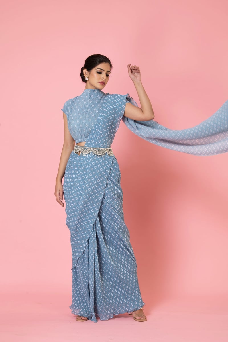 Blue Geometric Print Pre-Draped Georgette Saree Set — PREETI MEHTA