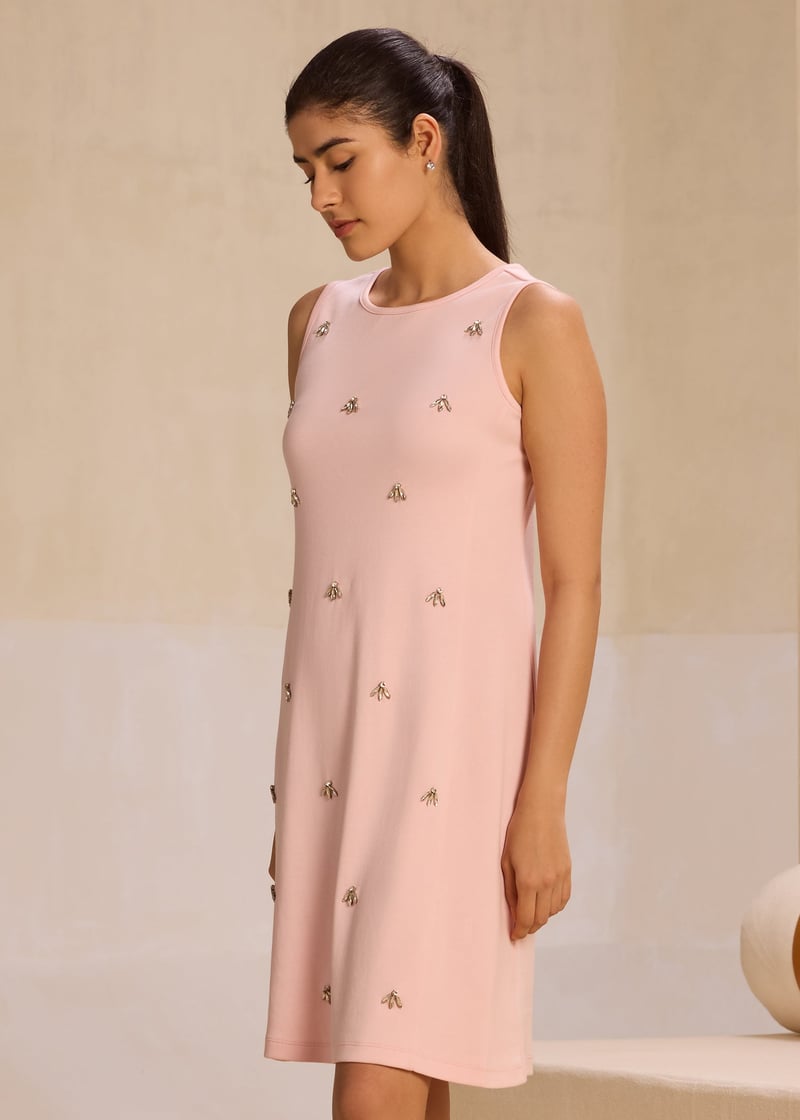 Pearl Pink Rhinestone Embellished Shift Dress