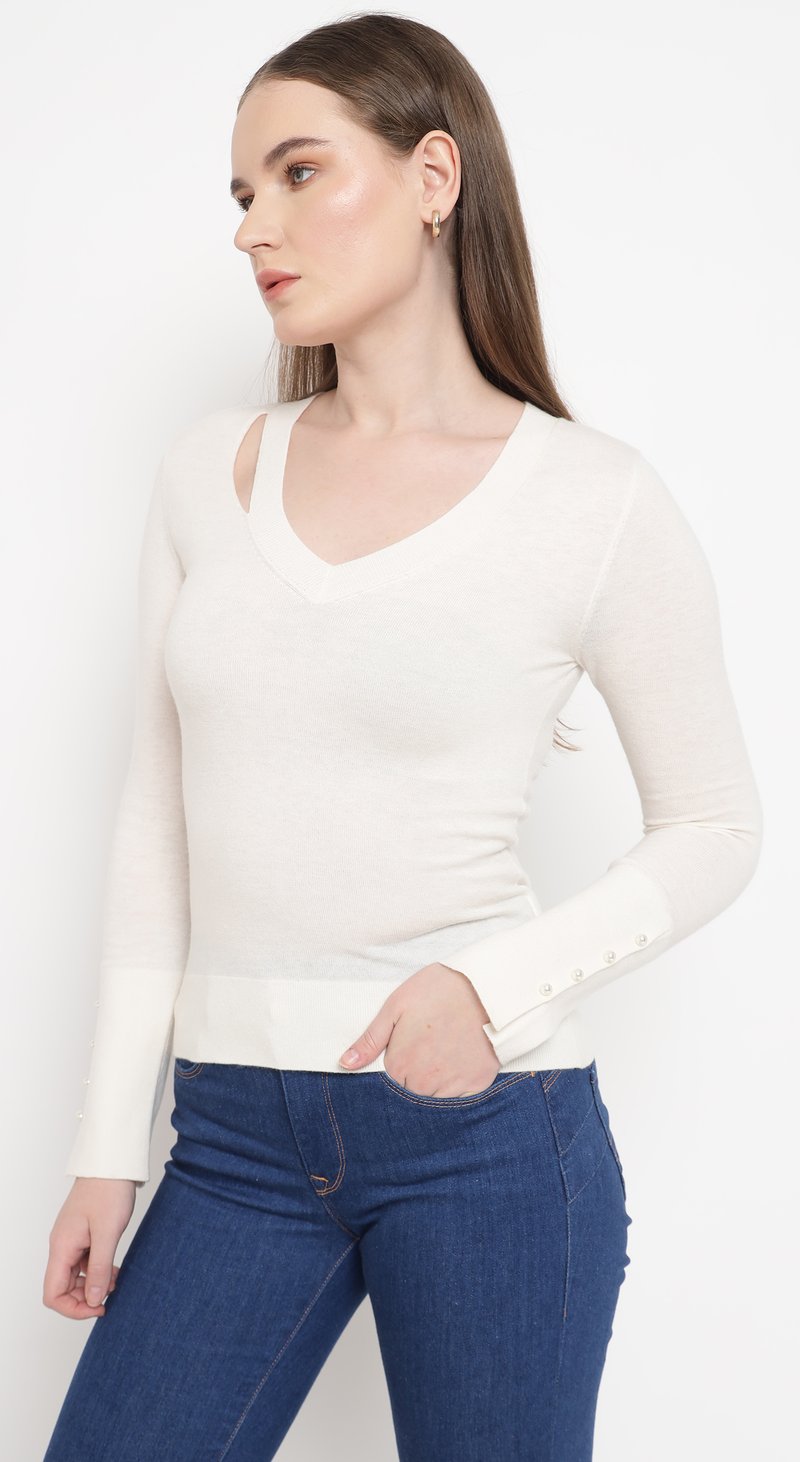 Light Beige V-Neck Slim Fit Sweater with Shoulder Cut-Out